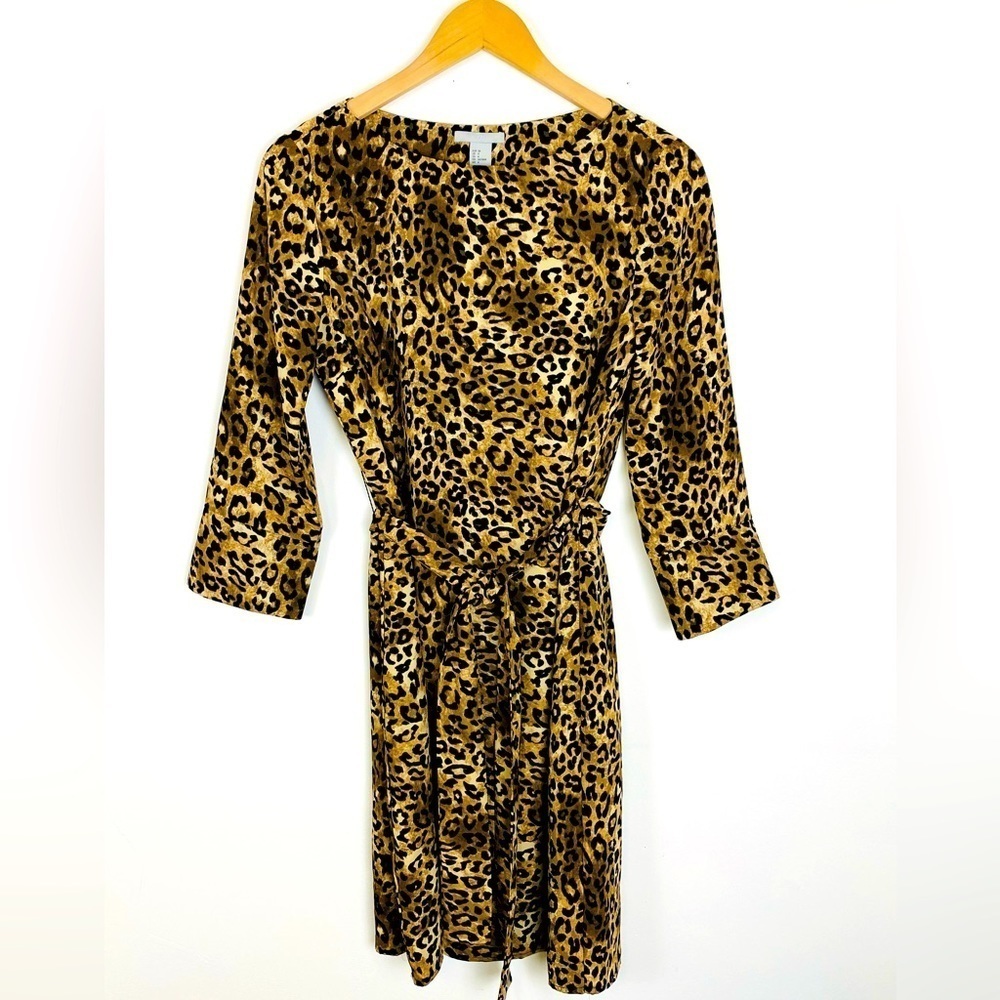 H&M Cheetah Print Dress, Size 4, Long Sleeve Dress with Tie Waist Mob Wife